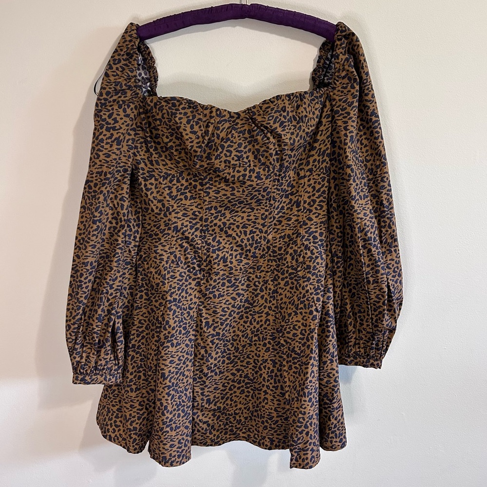Bardot leopard animal print skater dress medium long sleeve mini brown women’s - Picture 2 of 14